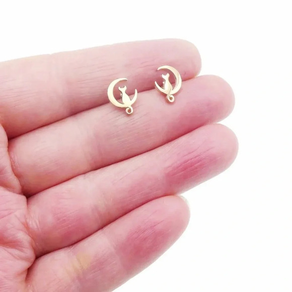 Stainless Steel Cat on Crescent Moon Stud Earrings | NEW Gold - Picture 3 of 7